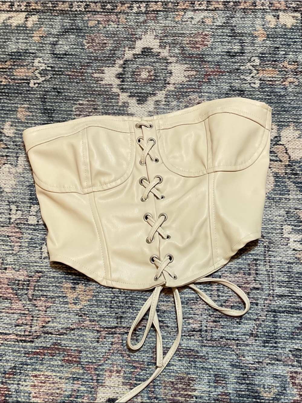 Zara Cream Lace-Up Faux Leather Corset Crop Top